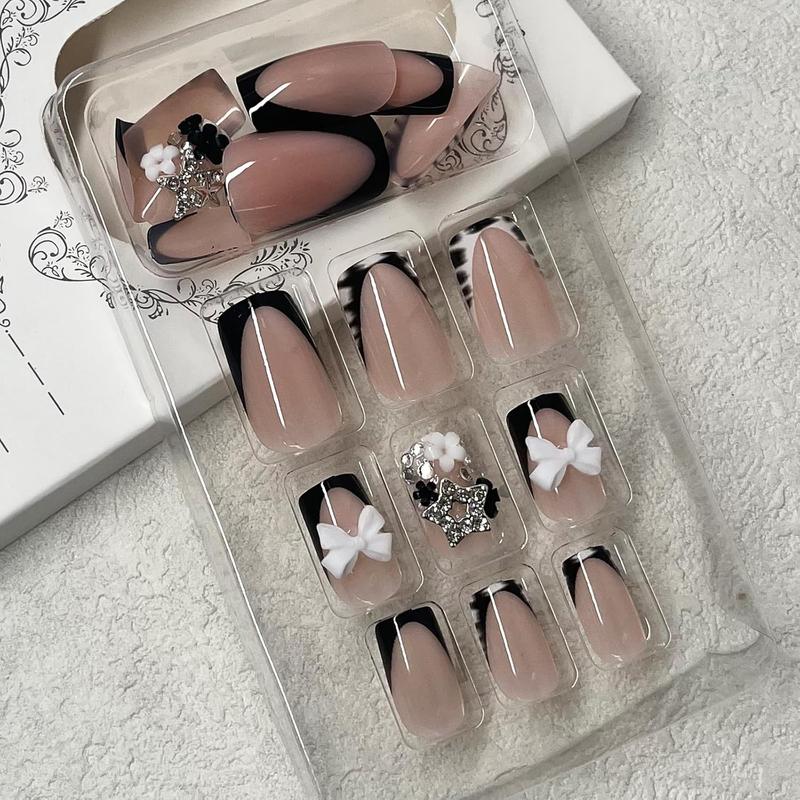 French Tip Press on Nails - Short Square Fake Nails with 3D Bow Charms - Black & White Zebra Print False Nails with Small Flowers, Silver Stars, and Rhinestones - 24Pcs DIY Nail Art Kit