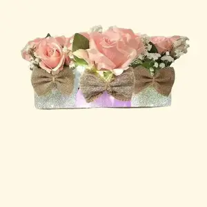 Rustic Mason Jar Centerpiece with fairy lights-Pink & Silver Glitter decor on a wooden crate table decor for Farmhouse weddings centerpiece