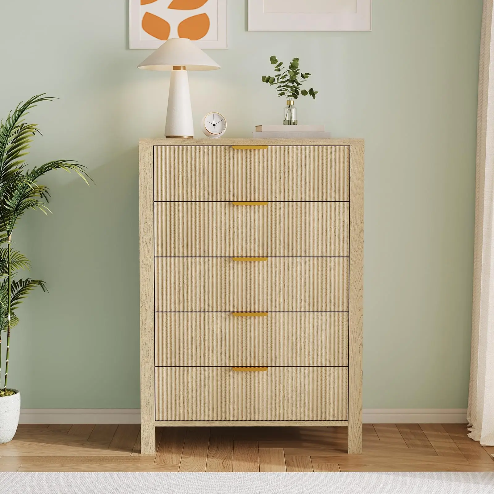 Fluted 5 Drawer Dresser, 45 Inch Tall Slim Dresser for Small Spaces, Modern Farmhouse Wooden Chest of Drawers for Bedroom Nursery Apartment, Easy Assembly