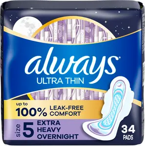 Always Ultra Thin Feminine Pads with Wings Size 5 Extra Heavy Overnight Absorbency 34 Count Leak-Free Comfort RapidDRY Technology