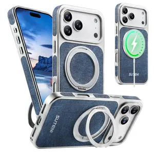 Magnetic Woven Texture Case for iPhone 17 Pro Max/16 Pro Max, 360° Rotatable Ring Stand, MagSafe Compatible Wireless Charging, Slim Shockproof Cover (Brown&Blue&Black)