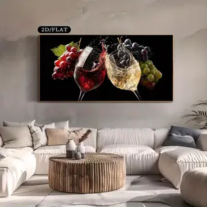 [Poster][2D Flat] 1Pc Extra Large Modern Wine Canvas Painting - Less Contemporary Wall Art Poster With Red/White Wine Splashes & Grape Accents On Black Background - Elegant Living Room, Dining, Kitchen Decor - Easy To Hang Canvas Print, 2D Flat, Perfect F