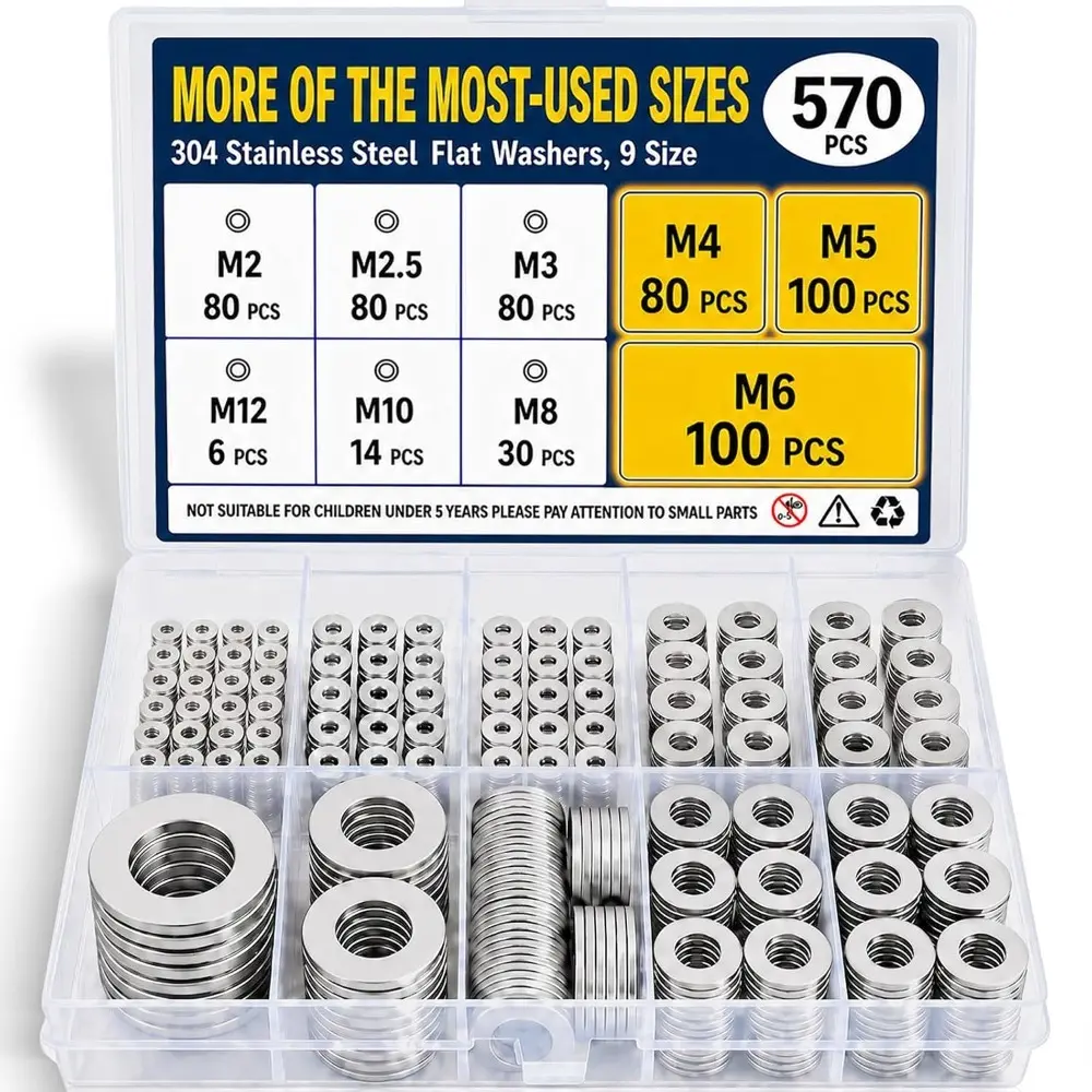 570PCS Flat Washers for Screws, 304 Stainless Steel Washers Assortment, Metric M2-M12 Washer Set with More of the Most-Used Sizes M4 M5 M6 M8, DIY, Automotive & Home Repair