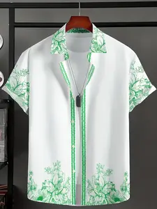 Vintage pattern print men's casual comfortable short-sleeved shirt Floral