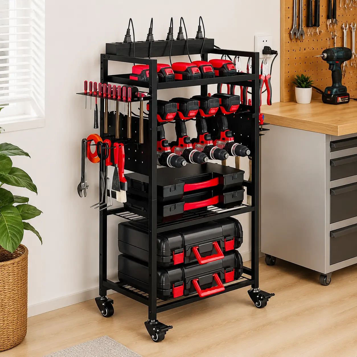 SUOERNUO Heavy Duty Rolling Power Tool Organizer Cart, 360° Rotating Garage Storage Rack with Wheels, Large Capacity Drill & Battery Holder Utility Shelf for Workshop & Home Organization