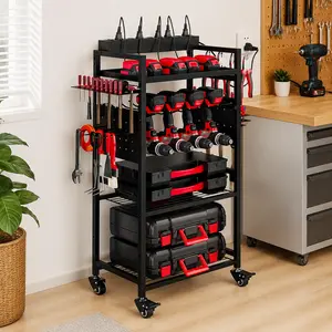SUOERNUO Heavy Duty Rolling Power Tool Organizer Cart, 360° Rotating Garage Storage Rack with Wheels, Large Capacity Drill & Battery Holder Utility Shelf for Workshop & Home Organization