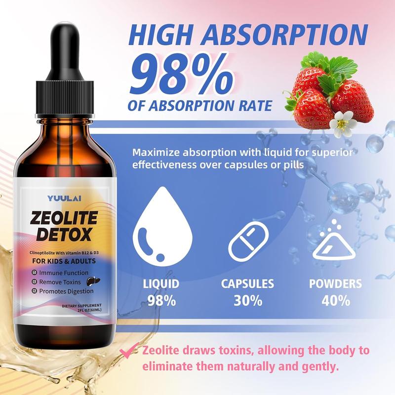 Pack of 2 Zeolite Drops for Kids and Adults, Zeolite Clinoptilolite Liquid with Vitamin B12 & D3 for Gut Health & Immune Support, Strawberry-4 Fl Oz