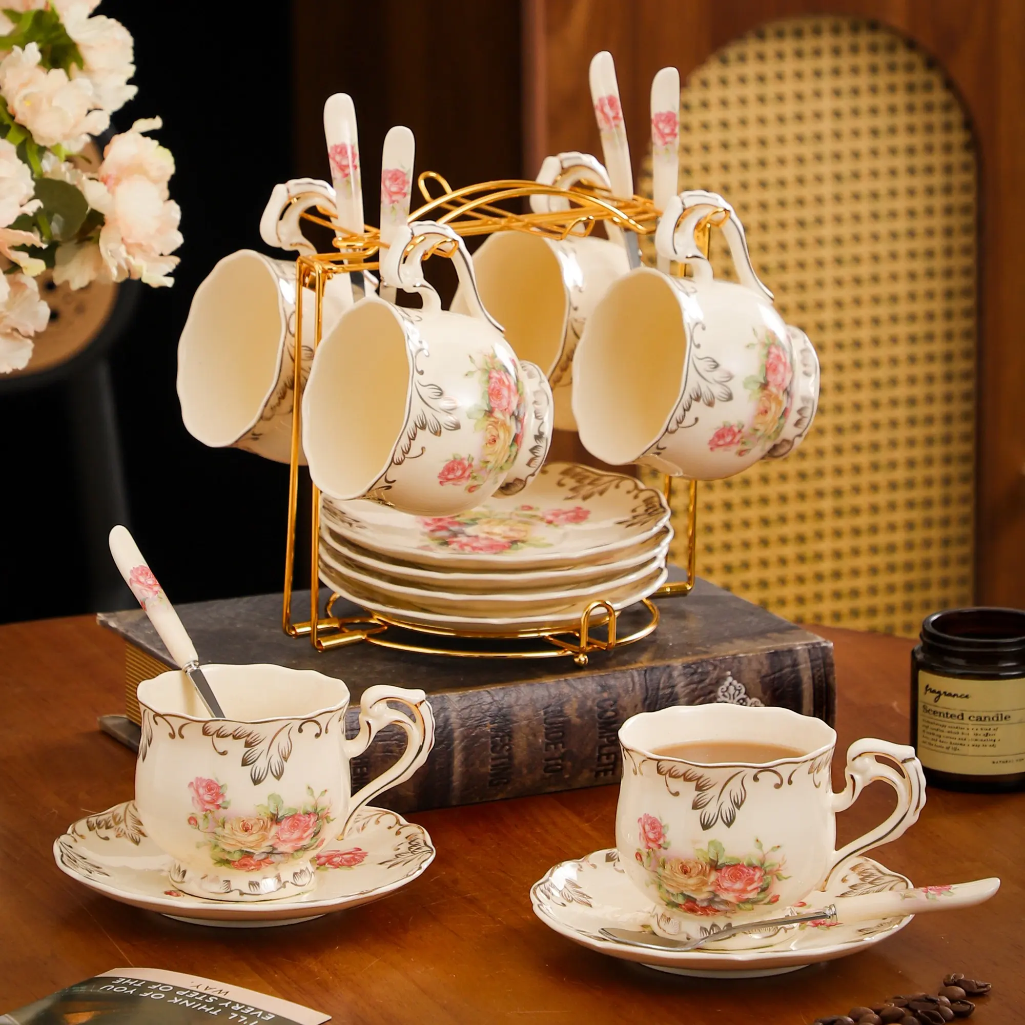 19pcs European Vintage Floral Porcelain Tea Cup & Saucer Set, Tea Cups and Saucers, Classic Drinkware, Ivory Color with Gold Trim, Elegant Coffee Cups, Perfect Gift for Women