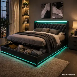 ARCH PU Black Full Size Bed Frame - Full Size Bed Frame with 360 Surround LED Function, Buttons/Apps/Remote Control, Hydraulic Storage, and USB Type-C Charging (Without Mattress), Full Size Bed Frames, Bed Frame Full Bed, Hydraulic Lift