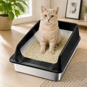 Stainless Steel Cat Litter Box with Semi-Enclosed High Sides, Anti-Tracking Sand-Shedding Pedal, Anti-Slip Base, Spacious Metal Cat Litter Pan for All Cat Sizes