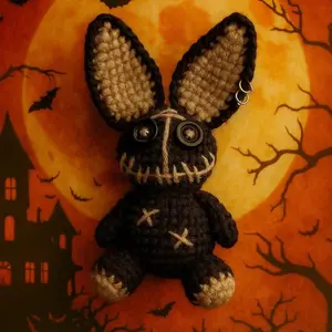 Loppy Puff - Crochet Voodoo Bunny Keychain Gothic Amigurumi Plush Handmade Bag Charm Spooky Halloween Gift