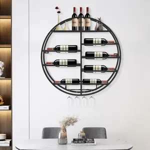 Wall Mounted Round Wine Rack Metal Wine Display Rack Round Wine Glass Goblet Holder Wine Bottle Holder Hanging Wine Rack for Bar Wine Cellar Kitchen Storage Display