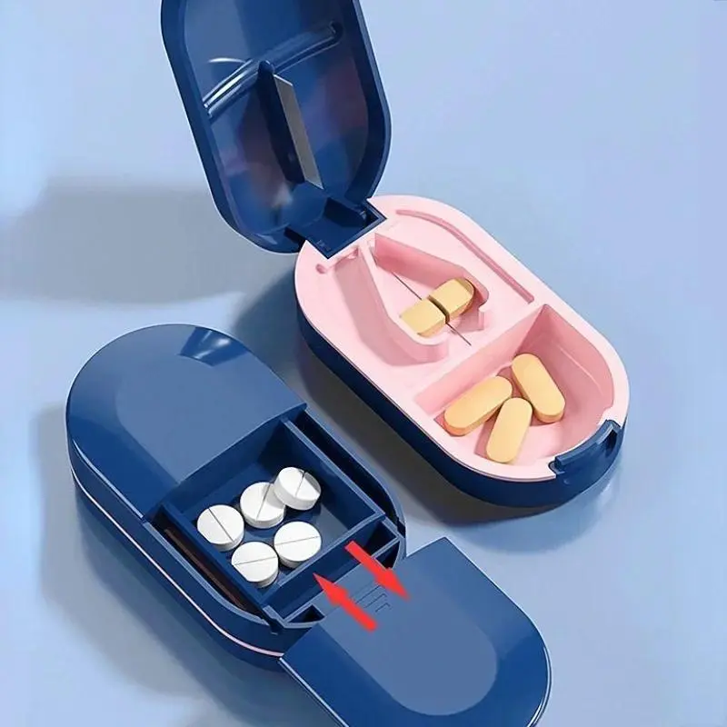 2-in-1 Portable Medicine Box - Home Supplies Organizer with Invisible Dustproof Storage, Pill Organizer, Pill Cutter, Drug Tablet Divider, Medicine Crusher