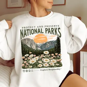Trending National Parks Nature Graphic Sweatshirt for Women Men Outdoor Lovers Hikers Travelers Gift Idea for Birthday Holiday Camping Trip Cozy Casual Style Mountain Sunset Floral Design Relaxing Adventure Vibe Peaceful Energy Explore Responsibly