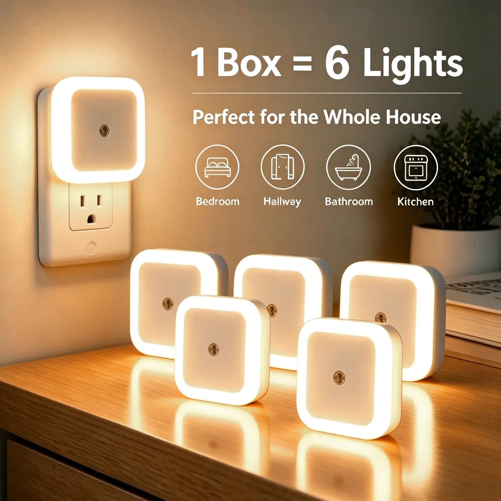 6-Pieces Smart Night Light Plug-ins with Light Sensors, Dimmable Warm White Ambiance, Automatic On/Off Atmosphere Lamps for Bedroom Home Safety Indoor Lighting