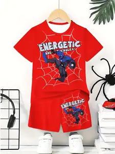 Spider Print Cute Casual Set, All over Print Fitted Style, Perfect for All Seasons, Comfortable Kids Clothing