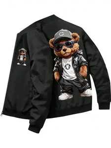 Men's Sports Casual Classic Jacket, Menswear, Long Sleeve, Vintage Bear Graphic Print, Fitted Design, Zip-Up Cardigan with Pockets, Ideal for Spring & Fall Outdoors