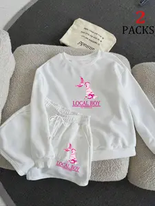 2 Piece Women's Crew Neck Ribbed Warm Sweatshirt and Shorts Set, Loose-Fitting Casual Style with Cartoon Guinea Pig Design for Summer Fashion