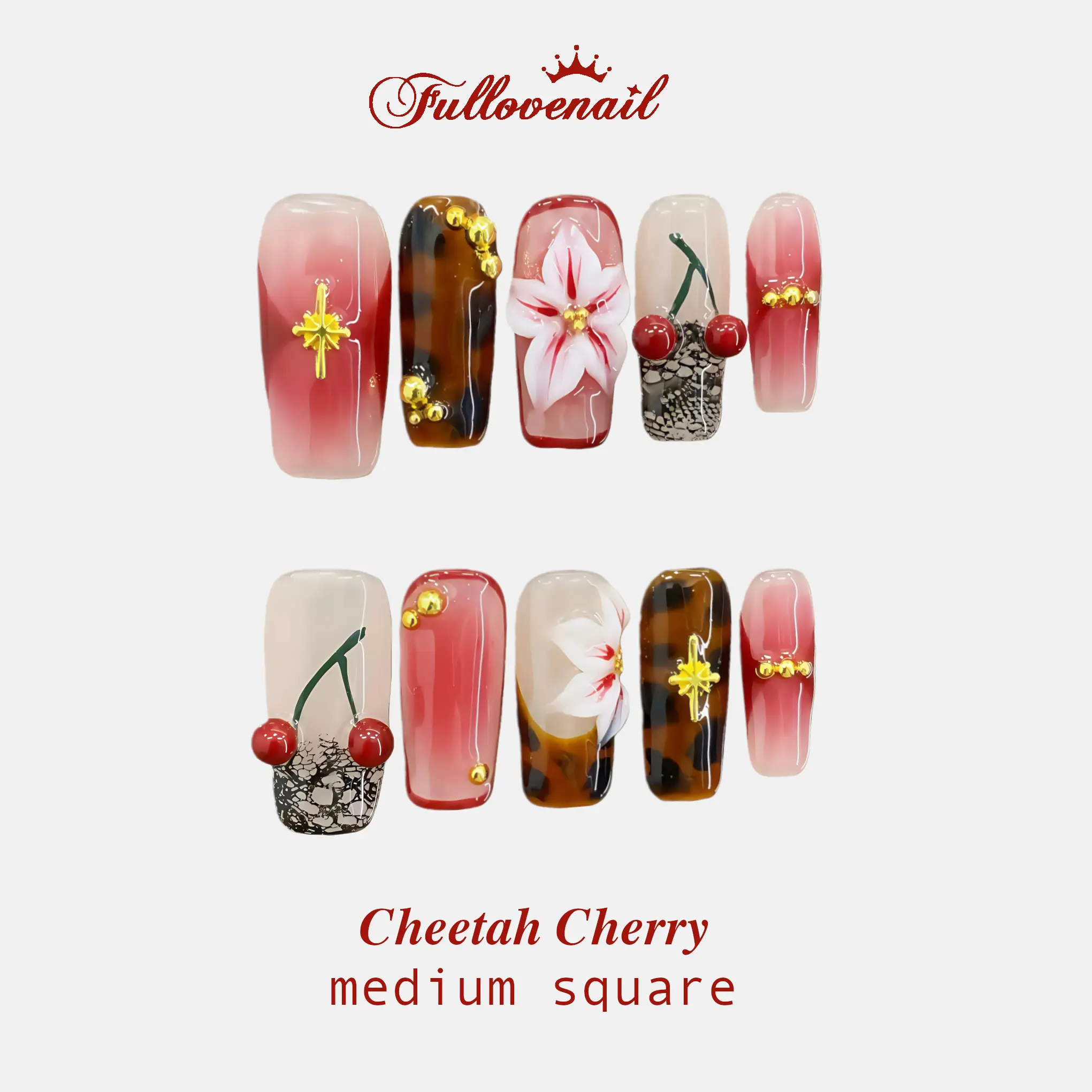 Fullovenail Reusable 3D Gel Fake Nails, Stylish Acrylic Press-On Nails (10 PCS Medium Square) - Cheetah, Cherry, Pink Flower Handmade Unique Art, 2025 Winter Colorful Decorations, Stylish Acrylic Nails