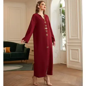 Women's Notched Neck Long sleeves Dress Diamond hand-sewn diamond-encrusted long dress robe formal gown party event ethnic style Women's Arabian Dress Arabic Clothing