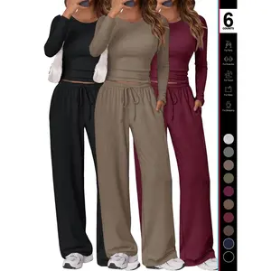 Women's 3-Piece Matching Lounge Set - Long Sleeve Crop Top & Wide Leg Pants Multi-Color , Trendy 2026 Loungewear for Party, Travel & Casual Days
