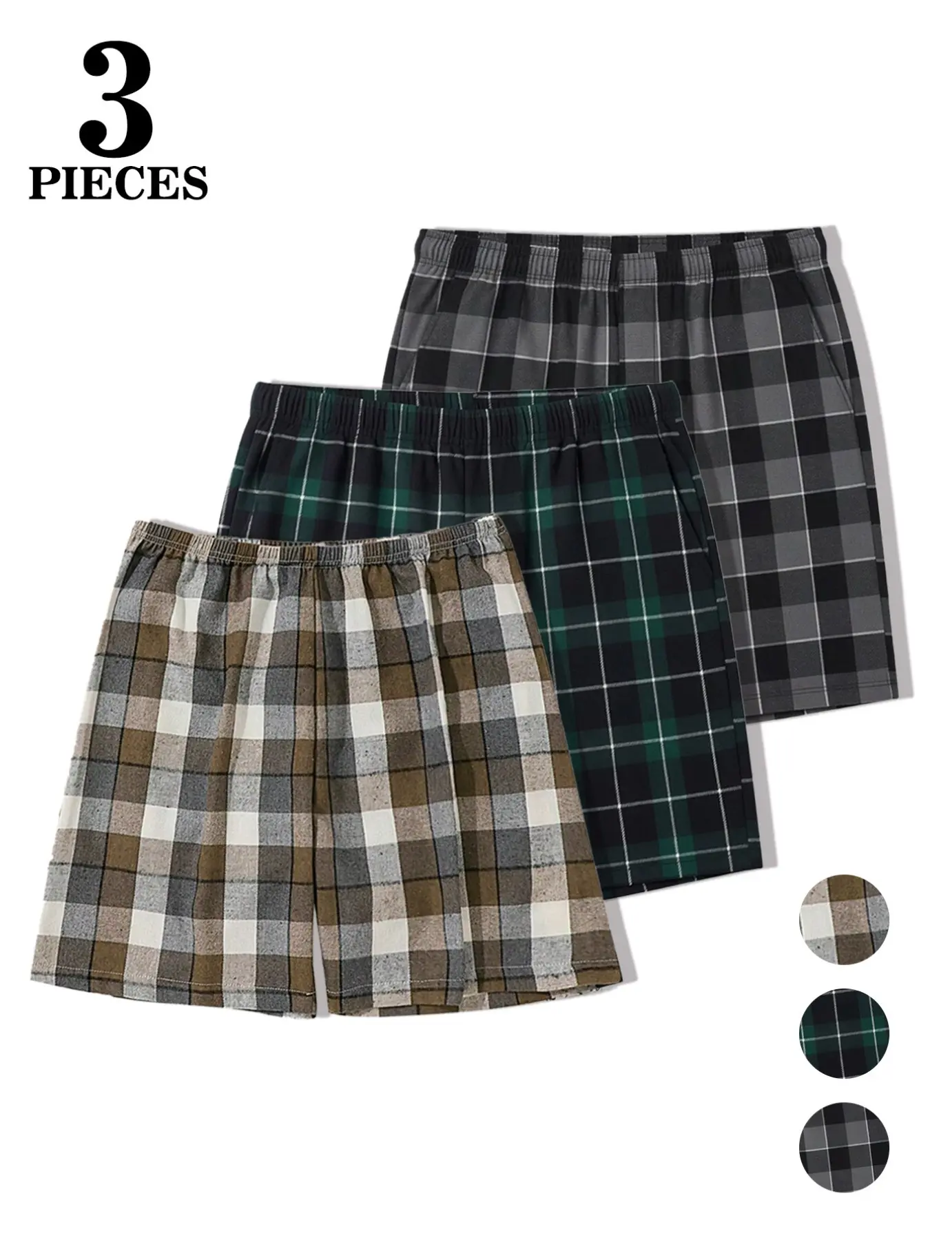 Men's Loose Fit Classic Plaid Checked Chic Casual Summer Shorts Set of 3, Wide Waist Design, Basic Comfortable Daily Wear, Essential Home Clothing, Menswear