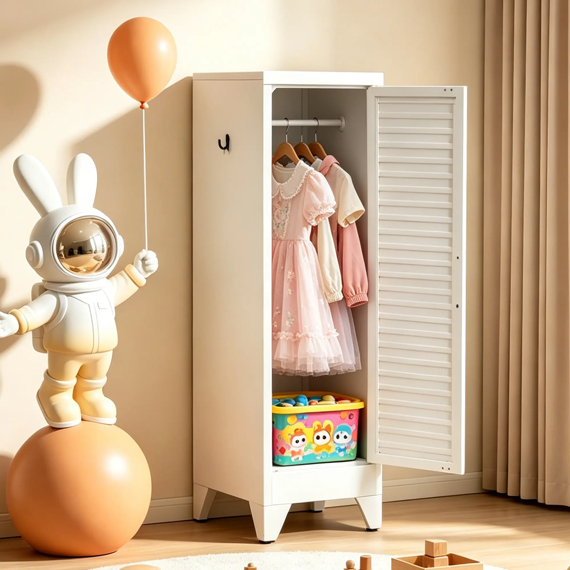47.2" Freestanding Single Door Wardrobe Armoire | White Louvered Metal Closet with Hanging Rod | Anti-Rust Narrow Storage Cabinet for Bedroom, Nursery & Living Room