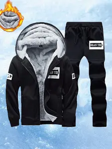 Men’s autumn/winter fleece-lined cold-weather warm casual sports set for everyday comfort, featuring a warm zip fleece jacket and long pants, perfect for outdoor activities.