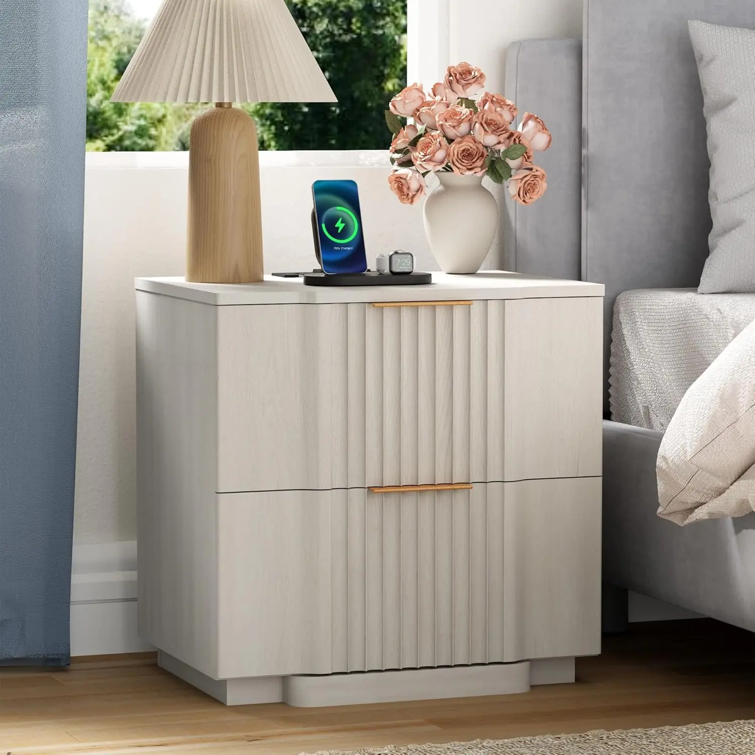 Yechen Fluted Modern Farmhouse Wood Nightstand - 20W Fast Charging Station, 2 Storage Drawers, Wipeclean Top, Fluted Texture, Quick Setup Modern Furniture Bedside Table for Bedroom (White, Natural Oak, Black)