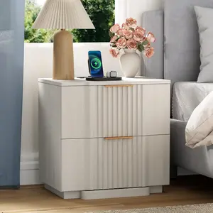 Yechen Fluted Nightstand with 20W Fast Charging Station, Modern Farmhouse Wood Night Stand with 2 Storage Drawers, Large Wide Bedside Table for Bedroom, (White, Natural Oak, Black)