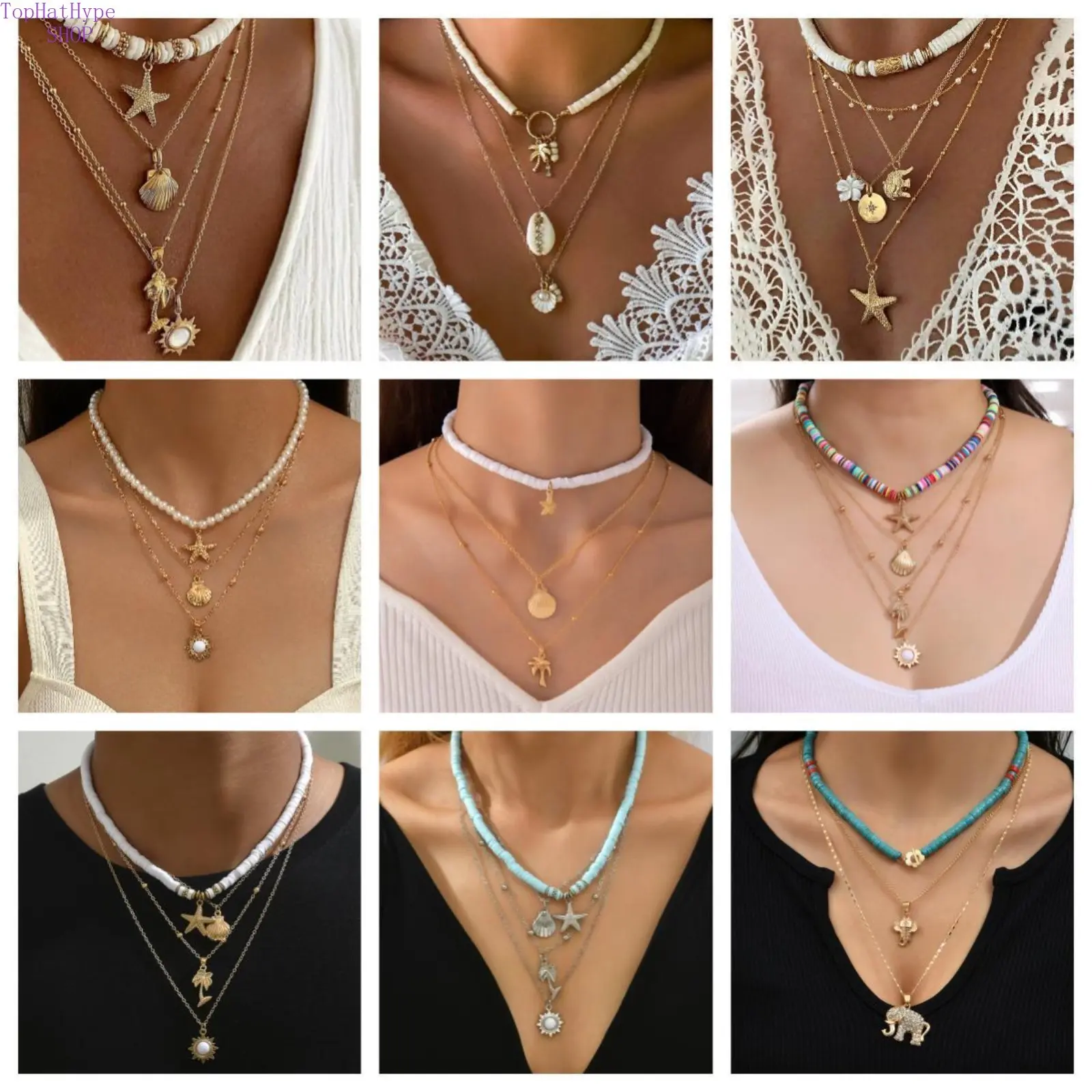 Women's Bohemian Stacking Necklaces Set - Colorful Flower & Starfish Pendant Polymer Clay Long Layered Clavicle Jewelry for Casual Beach & Daily Streetwear