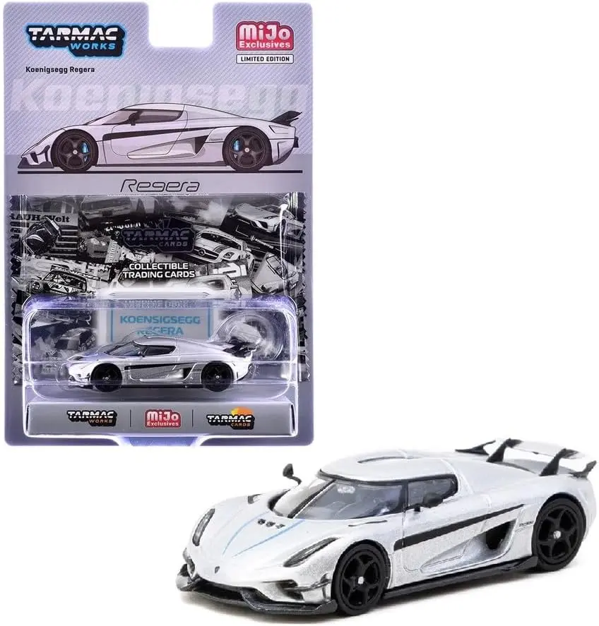 Tarmac Works Global64 Series 1:64 Scale Silver Koenigsegg Regera Supercar Collectible Diecast Toy, Metal Body, Trading Cards Pack (T64G-TL017-SL), Collectible Model