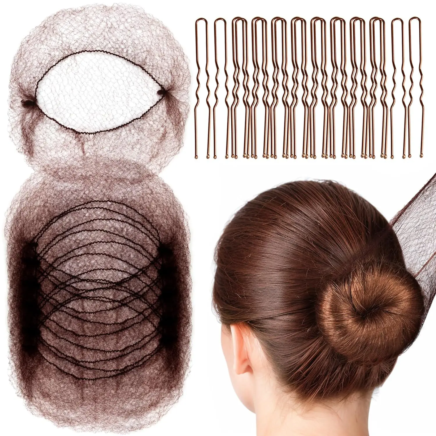 : 20 count Mesh Hair Nets Invisible and 40 count U Shaped Hair Pins for Women, , Ballet Bun Maker & Dance (Hair Nets- 20 inch(50cm), Hair Pins- 2.4 inch(6cm)), Brown