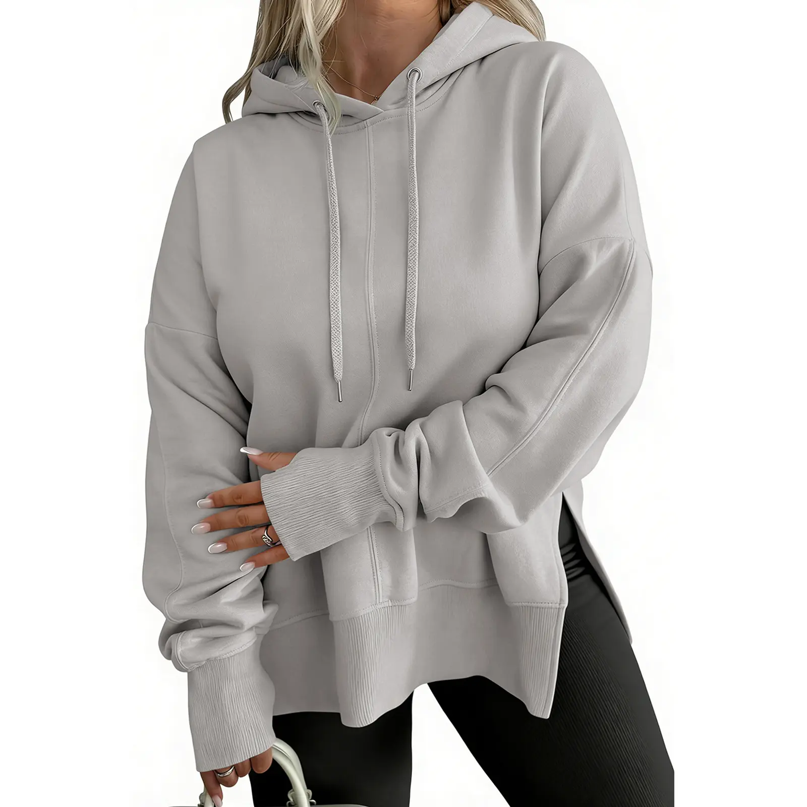 Eytino Womens Plus Size Solid Color Centeral Seam Thumbhole Long Sleeve Drop Shoulder Side Split Drawstring Loose Hoodie (1X-5X)