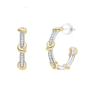 Two-Tone Hoop Earrings, S925 Sterling Silver Heart Cross Over Design Twisted Rope Open Earring, Hypoallergenic Earrings with Cubic Zirconia