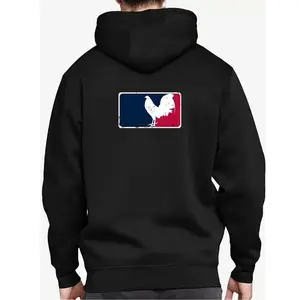 Casual Vintage Rooster Hoodie in Black Cotton with Red and Blue Stripes Ideal for Sports Parties and Outdoor Adventures