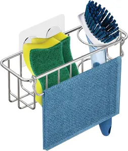 3-in-1 Kitchen Sink Caddy with Adhesive Sponge Holder, Dish Cloth Hanger & Dish Brush Holder, 304 Stainless Steel, Rust Proof, Water Proof