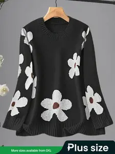 Women's Plus Size Floral Knit Sweater, Casual Loose-Fitting Round Neck Long Sleeve Pullover, Fall & Winter Fashion Top, Knitwear, Womenswear