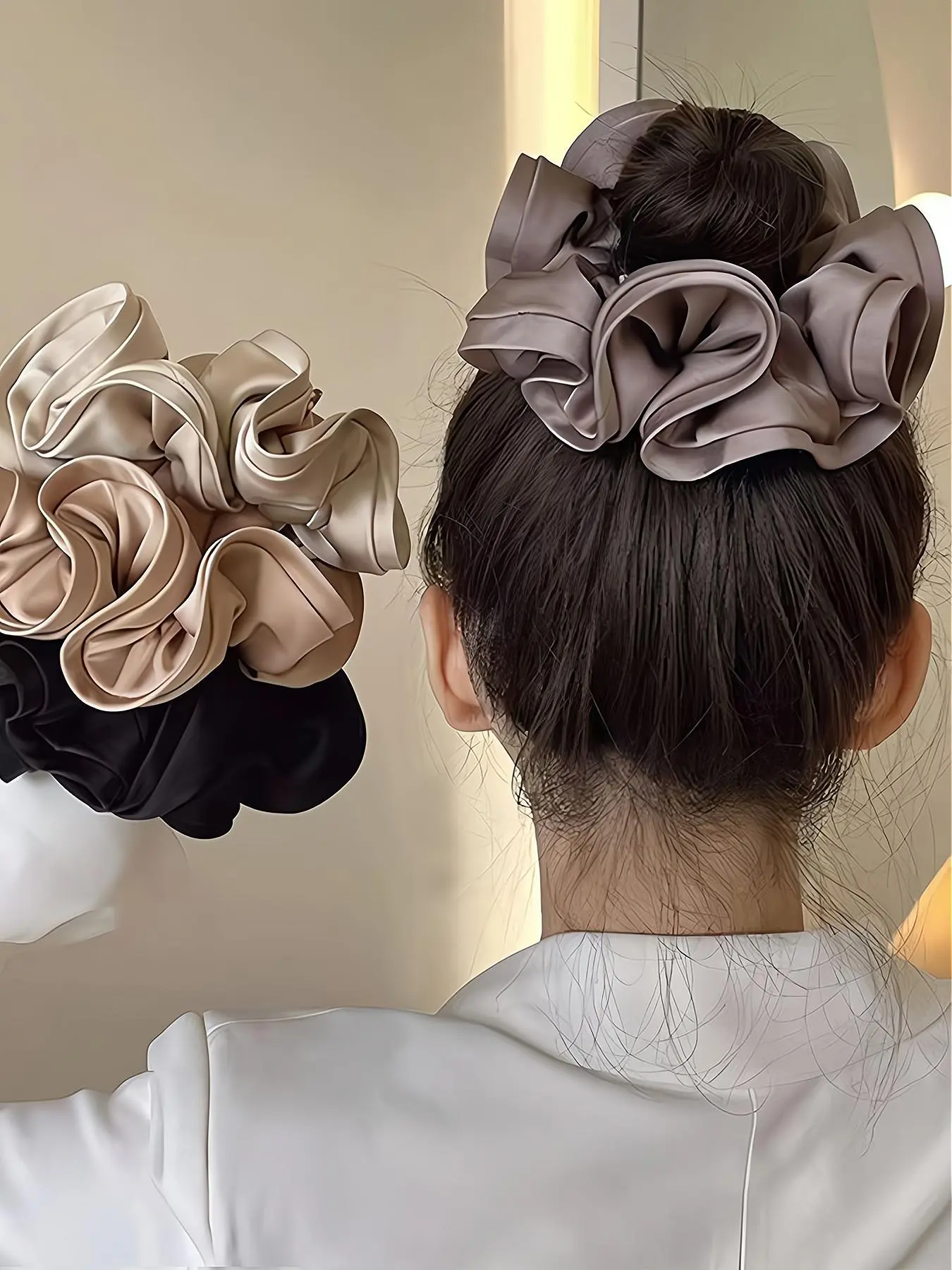 4 Pcs Large Satin Flower Bud Hair Ties, Silk Scrunchie Set, Scrunchies, Elastic Ponytail Holder, Casual Women's Fashion Accessories, Multiple Colors Available