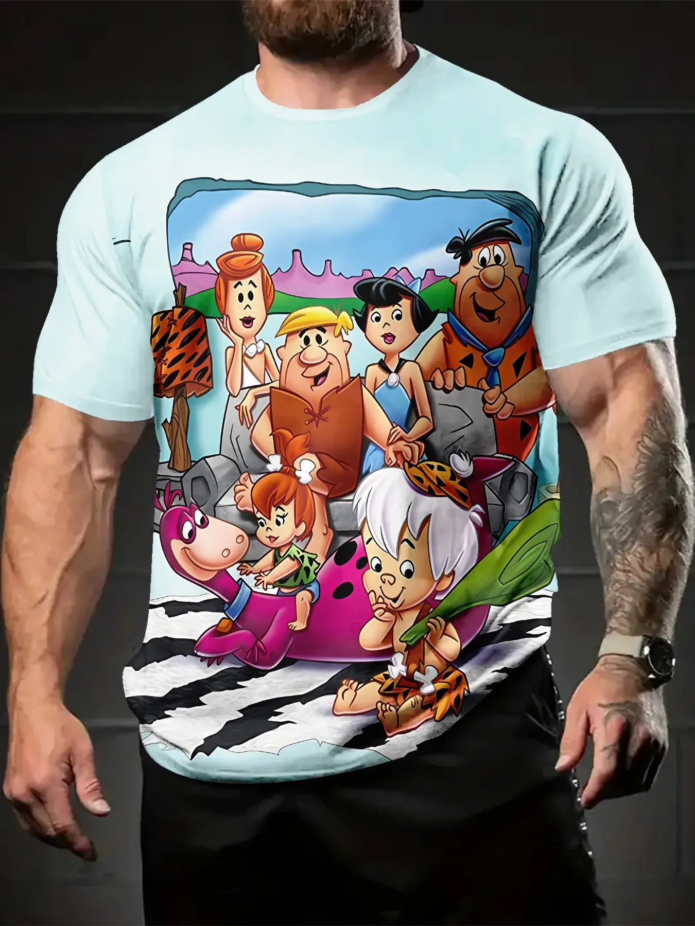 A blast from the childhood past! The Flintstones family portrait 3D digital printed T-shirt, a casual, versatile, and sporty men's crew-neck short-sleeve top, perfect for daily wear and an ideal holiday gift for men.