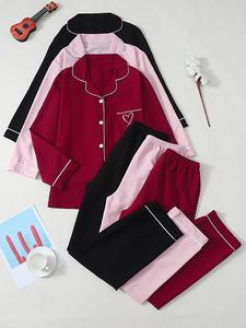 new solid color lapel long sleeve heart embroidery women's pyjays, casual style sleepwear for ladies, comfortable nightwear, womenswear