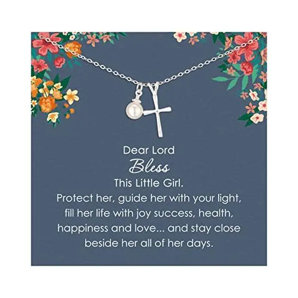 Sterling Silver Cross Necklace for Girls - First Communion, Baptism, Confirmation Gifts for Teenage Girl, Little Girls Jewelry with Pearl, Easter Gifts for Godchild