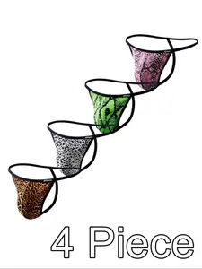 Men's 4pcs Sexy Leopard Print G-String Thong, Breathable Comfortable Snakeskin Printed Underwear for Daily Wear, Fashion Men's Underwear for All Seasons