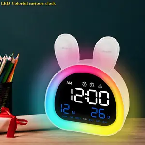 One piece LED colorful lamp, Rabbit cartoon Multifunctional Alarm Clock, Home decor, bluetooth auto sync, Touch Switch, Screen Brightness Adjusted, Night Light, 6 colors, RGB Dynamic Mode, snooze and sound control, built-in Rechargeable Li Battery