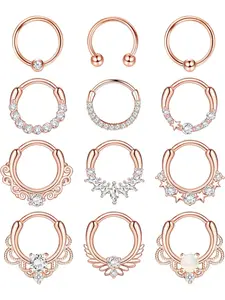 12pcs Septum Jewelry 16g Daith Earrings Hinged Hoop Nose Rings Septum Clicker Cz Stainless Steel Cartilage Earring Helix Tragus Daith Piercing Jewelry