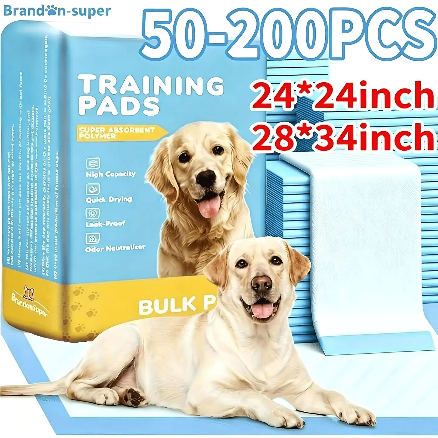 28*34inch/23.62"*23.62"In Worry-Free Pet Parenting, Ultra Absorbent Potty Pads for Home, Travel, Camping, Mess-Proof Backing, 300% Thicker for Active Dogs (50-200 Pads)