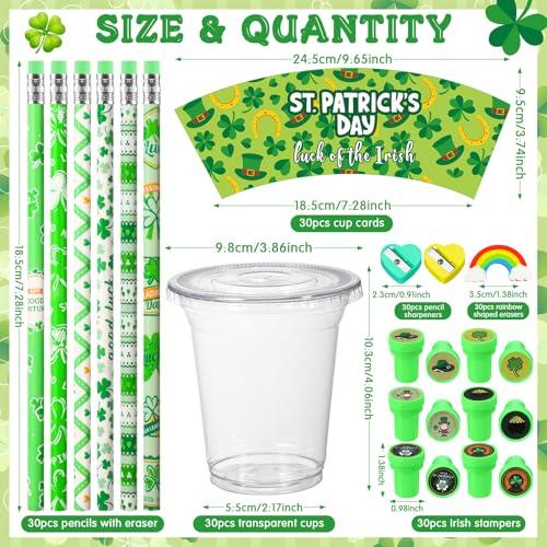 24/30 Set St Patrick's Day Stationery Gifts Set St Patrick's Day Party Favor Lucky Shamrock Cup Fillers  Pencil Lids Straws Keychain Silicone Bracelet for Boys Girls Students Teachers Friends for Party Supplies Irish Classroom Exchange Gift School Reward