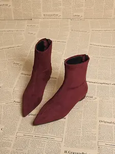 Women's French Minimalist Pointed Toe Ankle Boots, Four-Season Low Heel Faux Suede Short Boots, Slimming Elastic Stretch Boots