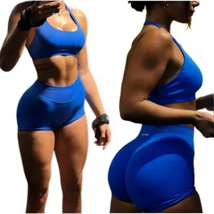 DFYNE Impact Halter Neck Set - High-Waisted Peach Hip Shorts & Sculpting Top, High-Stretch Tummy Control Activewear Duo sports bra