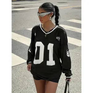 Women’s Athletic V-Neck Mesh Jersey T-Shirt – Black & White “01” Print, Loose Fit, Long Sleeve, Polyester Knit for Spring/